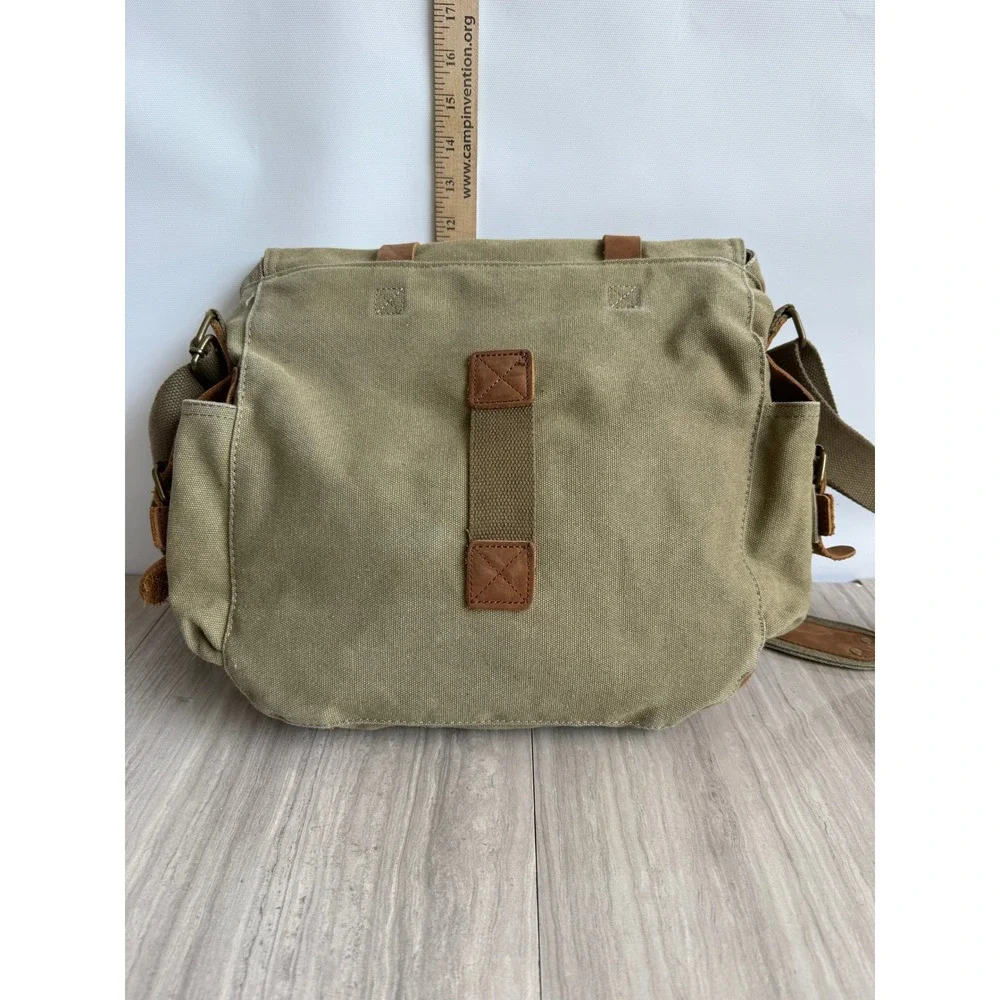 Sechunk Messenger Bag Olive Green Canvas Leather Trim Vintage Military Travel